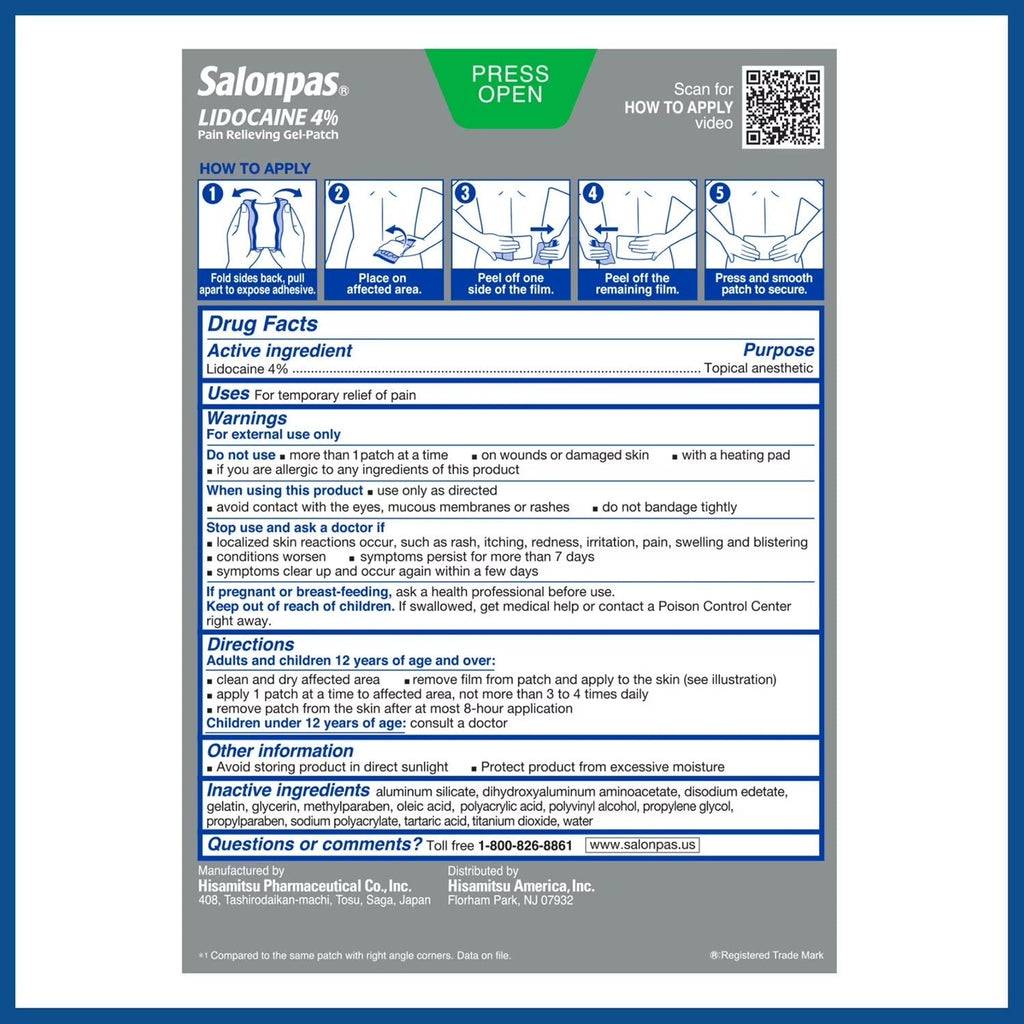 Salonpas Lidocaine Gel Patch – Fast Acting Pain Relief for Muscle & Joint Pain, 15 ct