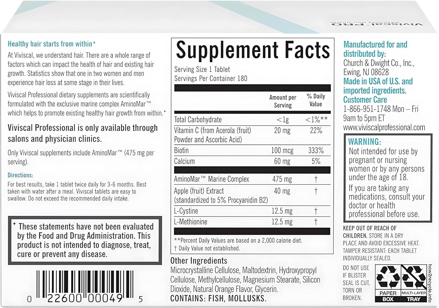Viviscal Professional Dietary Supplement for Hair Growth – 180 Tablets | Advanced Hair Growth Support by Viviscal
